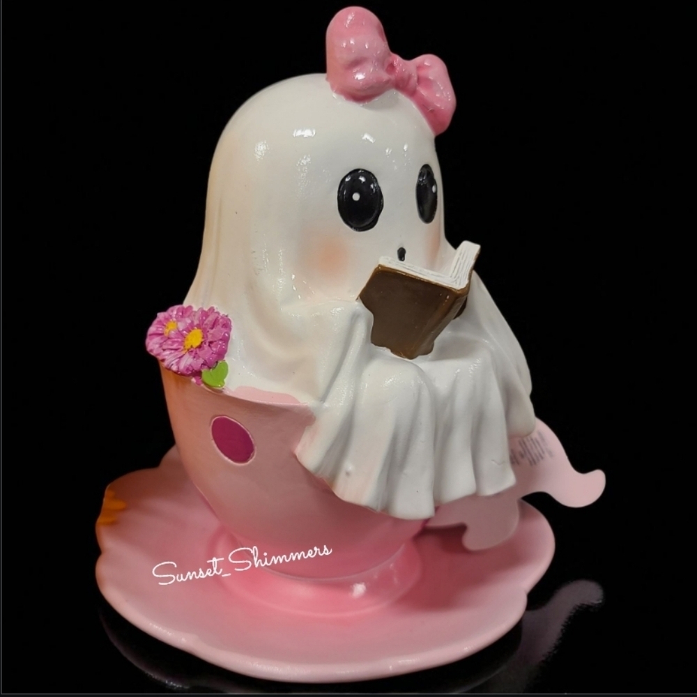Halloween Ghost Girl In Teacup Reading Book Pink Coquette Bow Polka Dot Flowers - Picture 2 of 6